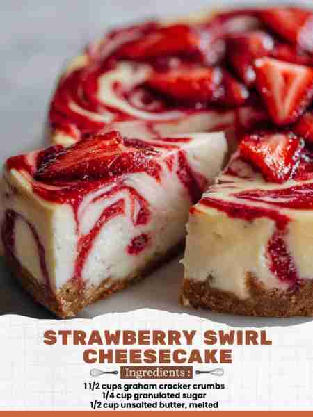 Strawberry Swirl Cheesecake Ingredients: 1 ½ cups graham cracker crumbs ¼ cup granulated sugar ½ cup...