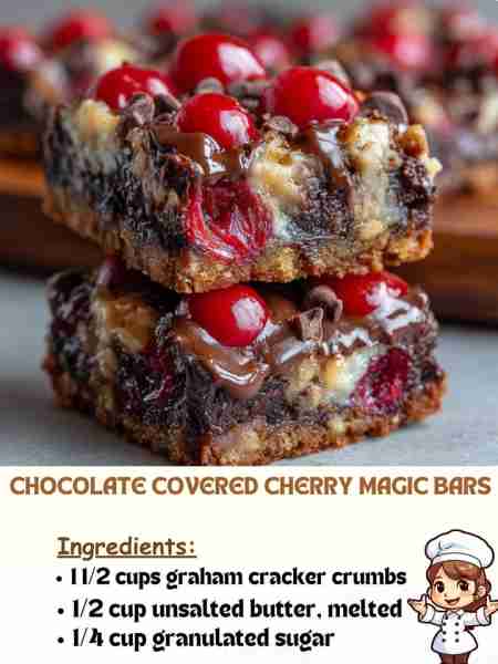 Chocolate Covered Cherry Magic Bars Ingredients 1 1/2 cups graham cracker crumbs 1/2 cup unsalted bu...