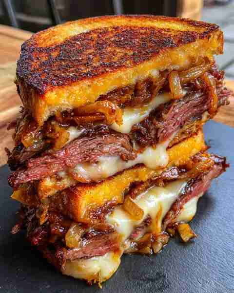 Smoked Brisket Grilled Cheese Sandwich Recipe: Ingredients: 2 thick slices of sourdough bread 1 cup...