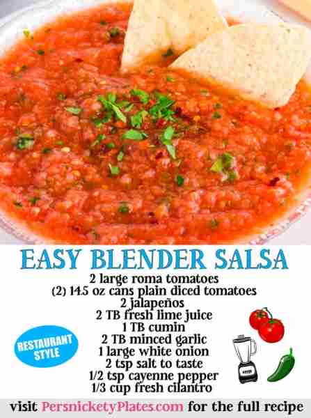 Restaurant quality salsa in minutes! Made right in the blender. 💃🏻 You'll need ⬇️ 2 large roma tom...