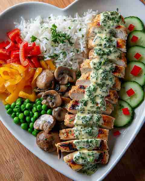Tried this and instantly saved it — Grilled Chicken with Herbed Cream Sauce, Rice & Colorful Veggies...