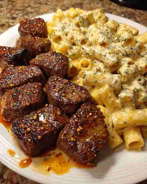 Garlic Butter Steak Tips with Rigatoni in Creamy Parmesan Alfredo Sauce Ingredients: 1½ lbs sirloin...
