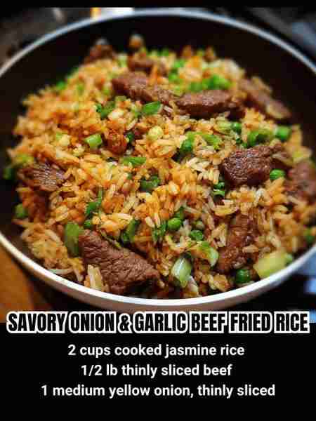 Looking for a delicious and quick meal? This Savory Onion & Garlic Beef Fried Rice is packed with fl...