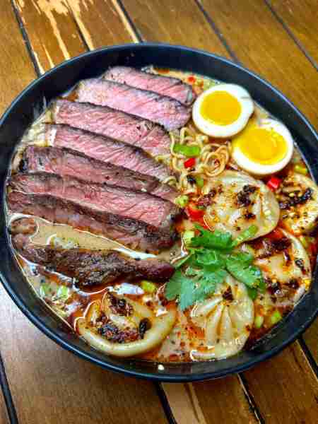 PEANUT MISO STEAK RAMEN & DUMPLINGS 1 ribeye Flaky sea salt Fresh cracked black pepper Sesame Oil 1...