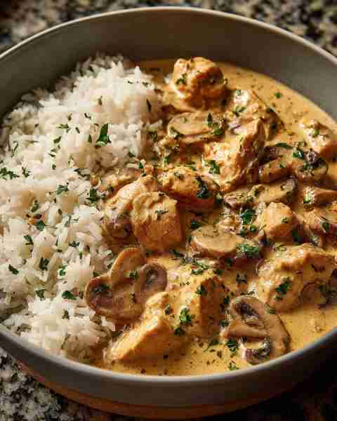 Creamy Chicken with Mushrooms & Rice 🍄🍚 Prep time: 15 mins Cook time: 25 mins Serves: 4 Calories p...