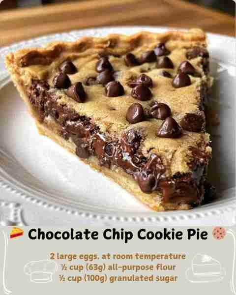 🥧 Chocolate Chip Cookie Pie 🍪 Ingredients 1 (9-inch) unbaked deep-dish pie crust (store-bought fro...