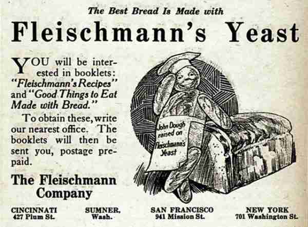 An advertisement for Fleischmann’s Yeast in the back of a 1917 cookbook. The company was founded in...
