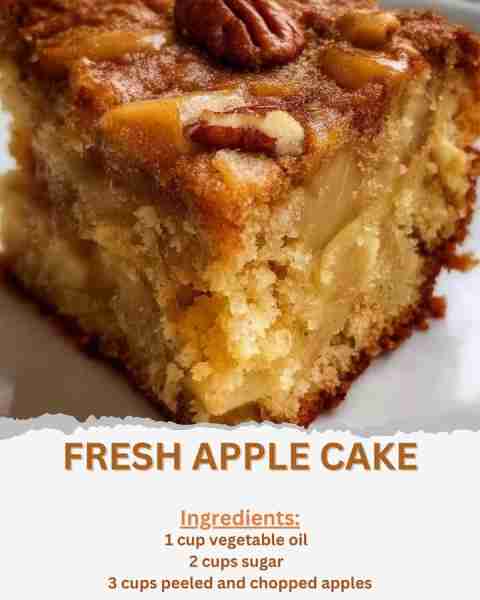 FRESH APPLE CAKE Ingredients: - 1 cup vegetable oil - 2 cups sugar - 3 eggs - 3 cups flour - 2 teasp...