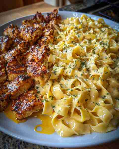 Cheesy Garlic Butter Chicken Fettuccine with Creamy Three-Cheese Sauce Ingredients: 1½ lbs boneless,...