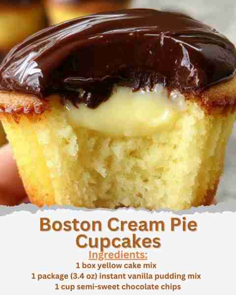 Boston Cream Pie Cupcakes Ingredients: For the Cupcakes: - 1 box yellow cake mix (or your favorite v...