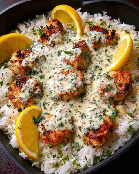 🍋 Creamy Lemon Herb Chicken Bites over Garlic Butter Rice 🍗🌿 Prep Time: 15 minutes Cook Time: 25...