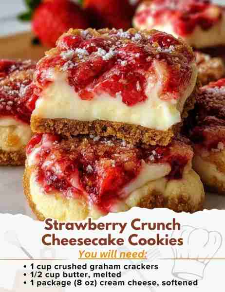 Strawberry Crunch Cheesecake Cookies Ingredients: - 1 cup crushed graham crackers - 1/2 cup butter,...