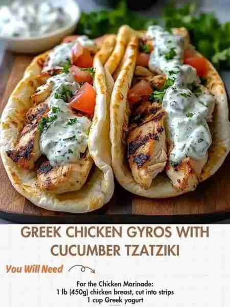 Greek Chicken Gyros with Cucumber Tzatziki Ingredients For the Chicken Marinade: 1 lb (450g) chicken...