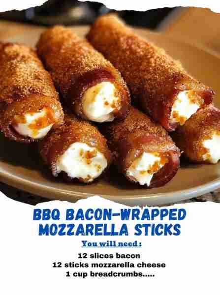 BBQ Bacon-Wrapped Mozzarella Sticks Ingredients: 12 slices bacon 12 sticks mozzarella cheese 1 c...