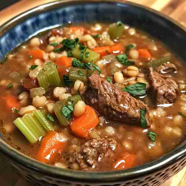 Hearty Beef and Barley Soup Ingredients: - 1 lb stew beef, cut into bite-sized pieces - 1 cup pearl...