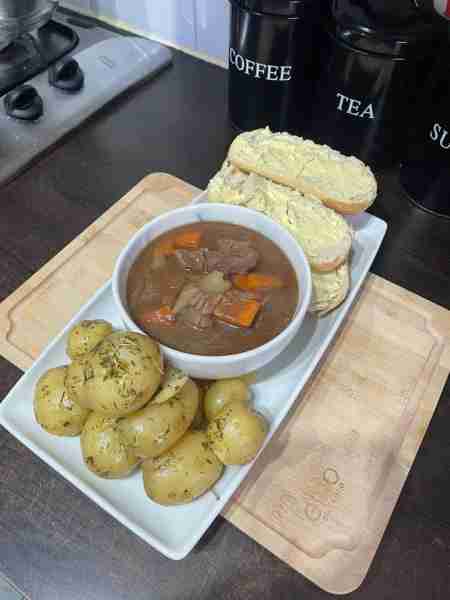 Slow Cooked Beef Stew, Potatoes & Crispy Baguettes by Liam E